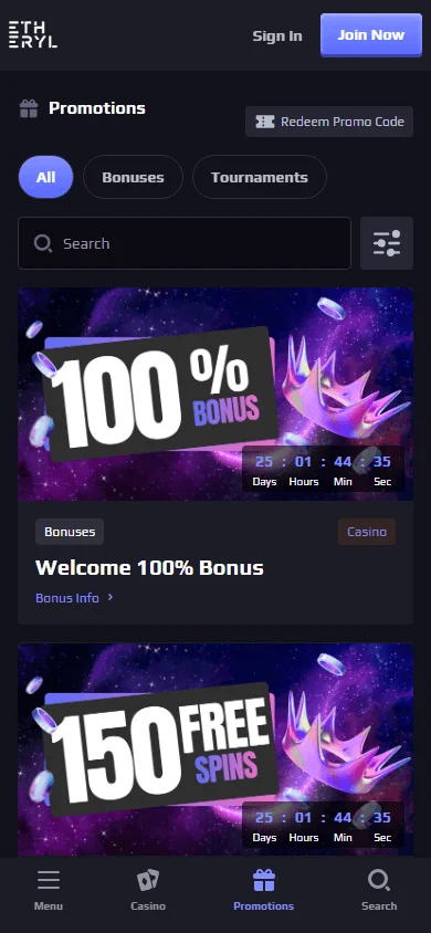 Eth Casino mobile browser promotions area