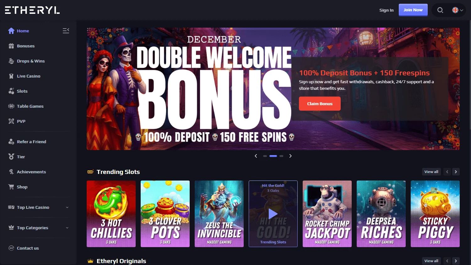 Eth Casino desktop home experience with casino access and promotional information