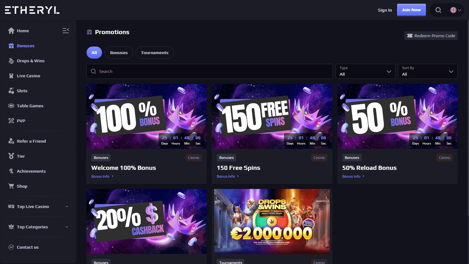 Eth Casino desktop promotions area with deposit and recurring offers