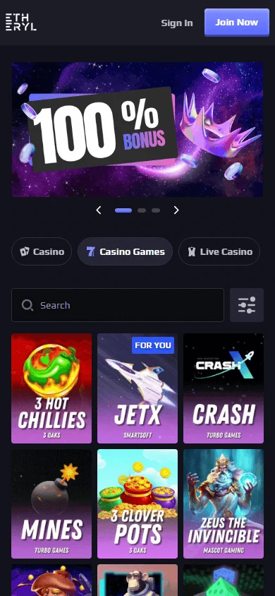 Eth Casino mobile browser games area with casino categories