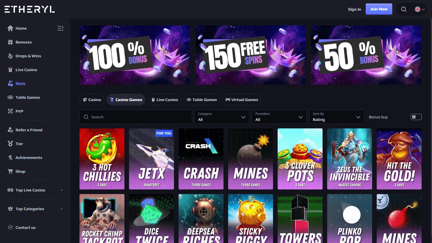 Eth Casino desktop games area with casino categories and game choices